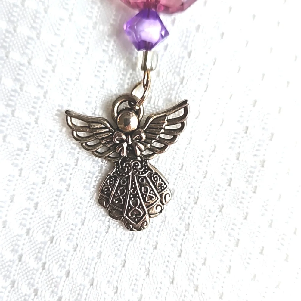 Guardian Silver Angel Crystal Purple Beaded Keychain, Keyring, Handmade